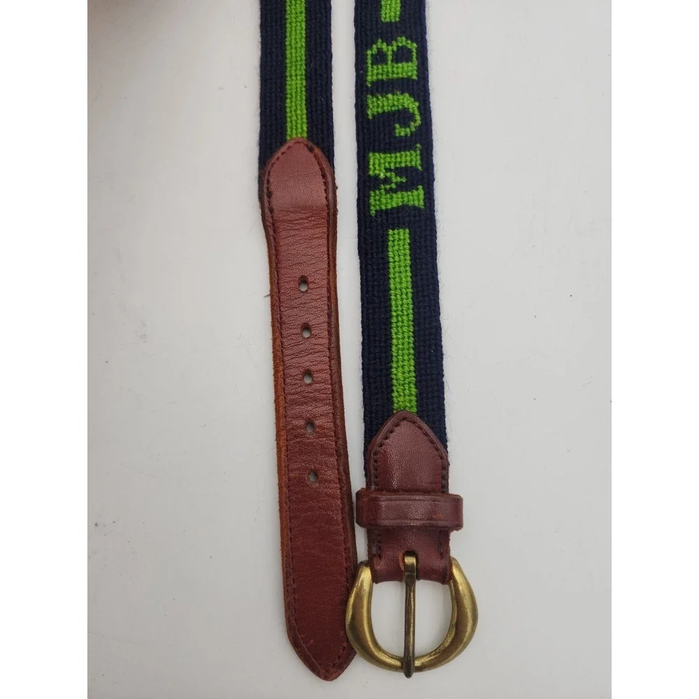 Brown Leather Belt Embroidered MJB Navy Green Stripes, Brass Buckle 36.5